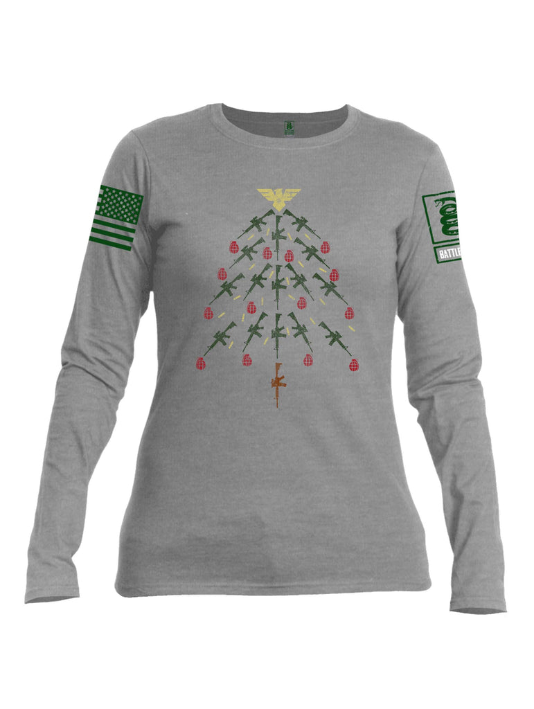 Battleraddle Christmas Rifle Tree Bomb Green Sleeve Print Womens Cotton Long Sleeve Crew Neck T Shirt