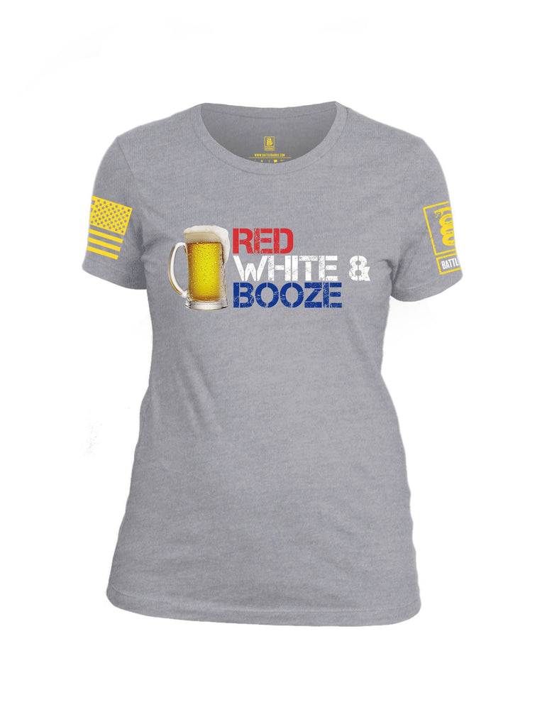 Battleraddle Red White & Booze Yellow Sleeve Print Womens Cotton Crew Neck T Shirt shirt|custom|veterans|Apparel-Womens T Shirt-cotton