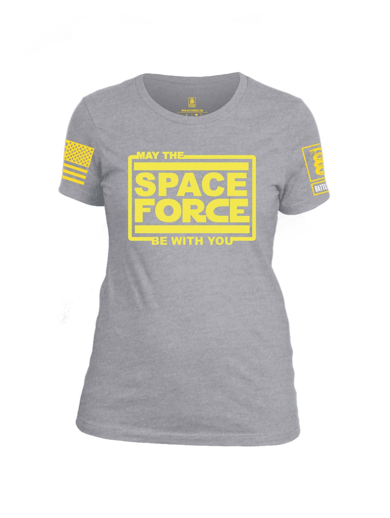 Battleraddle May The Space Force Be With You Yellow Sleeve Print Womens Cotton Crew Neck T Shirt shirt|custom|veterans|Apparel-Womens T Shirt-cotton
