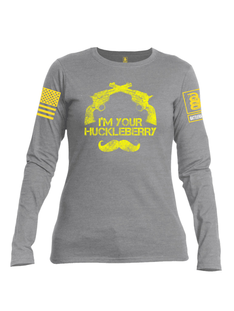 Battleraddle I'm Your Huckleberry Yellow Sleeve Print Womens Cotton Long Sleeve Crew Neck T Shirt