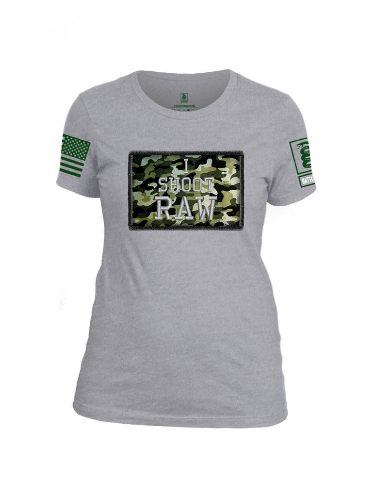 Battleraddle I Shoot Raw Green Sleeve Print Womens Cotton Crew Neck T Shirt