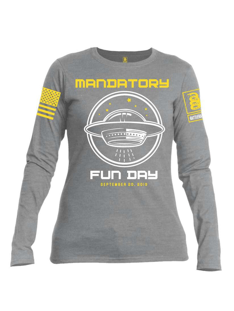 Battleraddle Mandatory Fun Day Yellow Sleeve Print Print Womens Cotton Long Sleeve Crew Neck T Shirt