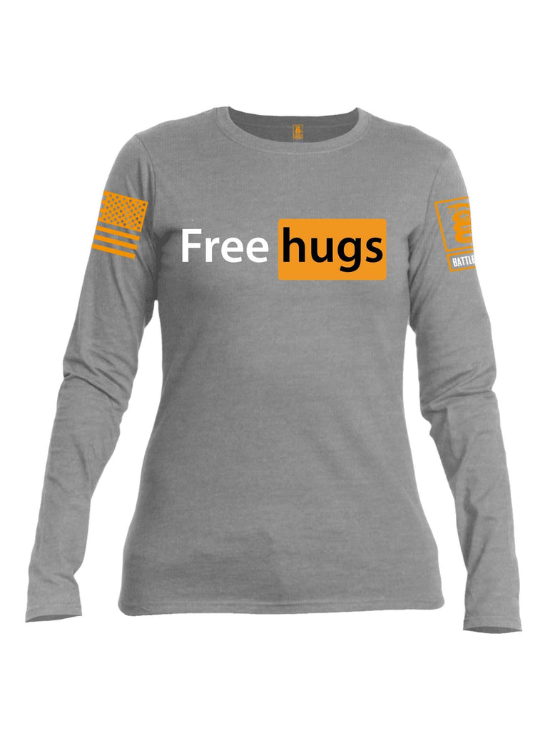 Battleraddle Free Hugs Orange Sleeve Print Womens Cotton Long Sleeve Crew Neck T Shirt shirt|custom|veterans|Women-Long Sleeves Crewneck Shirt