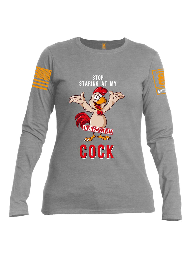 Battleraddle Stop Staring At My Censored Cock Orange Sleeve Print Womens Cotton Long Sleeve Crew Neck T Shirt shirt|custom|veterans|Women-Long Sleeves Crewneck Shirt