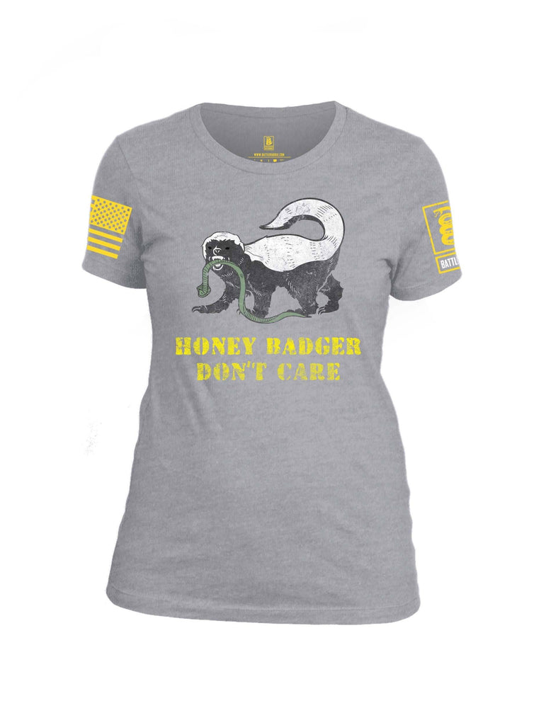 Battleraddle Honey Badger Dont Care Yellow Sleeve Print Womens Cotton Crew Neck T Shirt shirt|custom|veterans|Apparel-Womens T Shirt-cotton