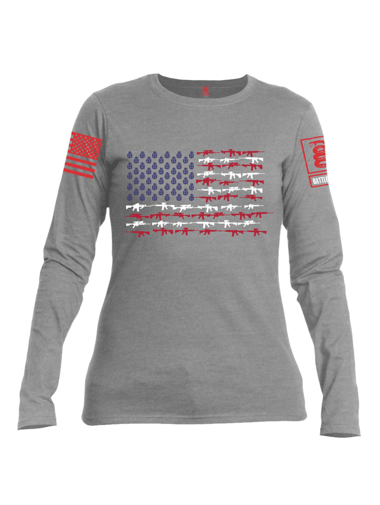 Battleraddle Rifle Gun Flag Red Sleeve Print Womens Cotton Long Sleeve Crew Neck T Shirt