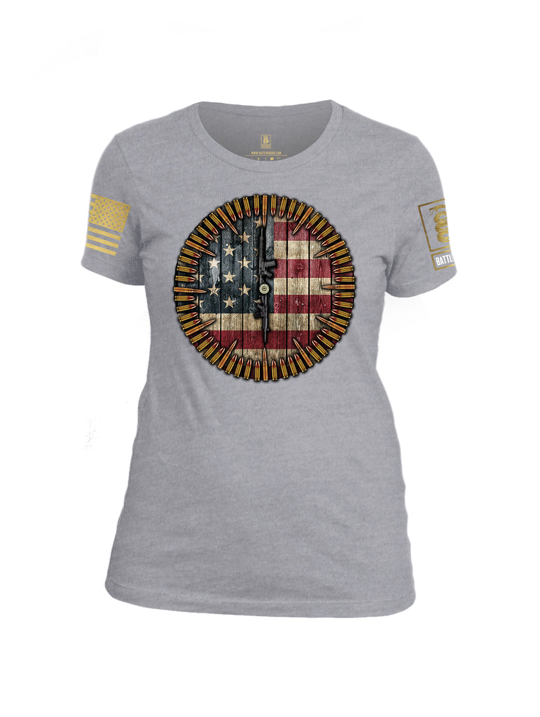 Battleraddle 6 O'clock American Flag Brass Sleeve Print Womens Cotton Crew Neck T Shirt