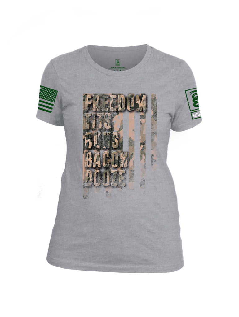 Battleraddle Freedom Tits Guns Bacon Booze Green Sleeve Print Womens Cotton Crew Neck T Shirt