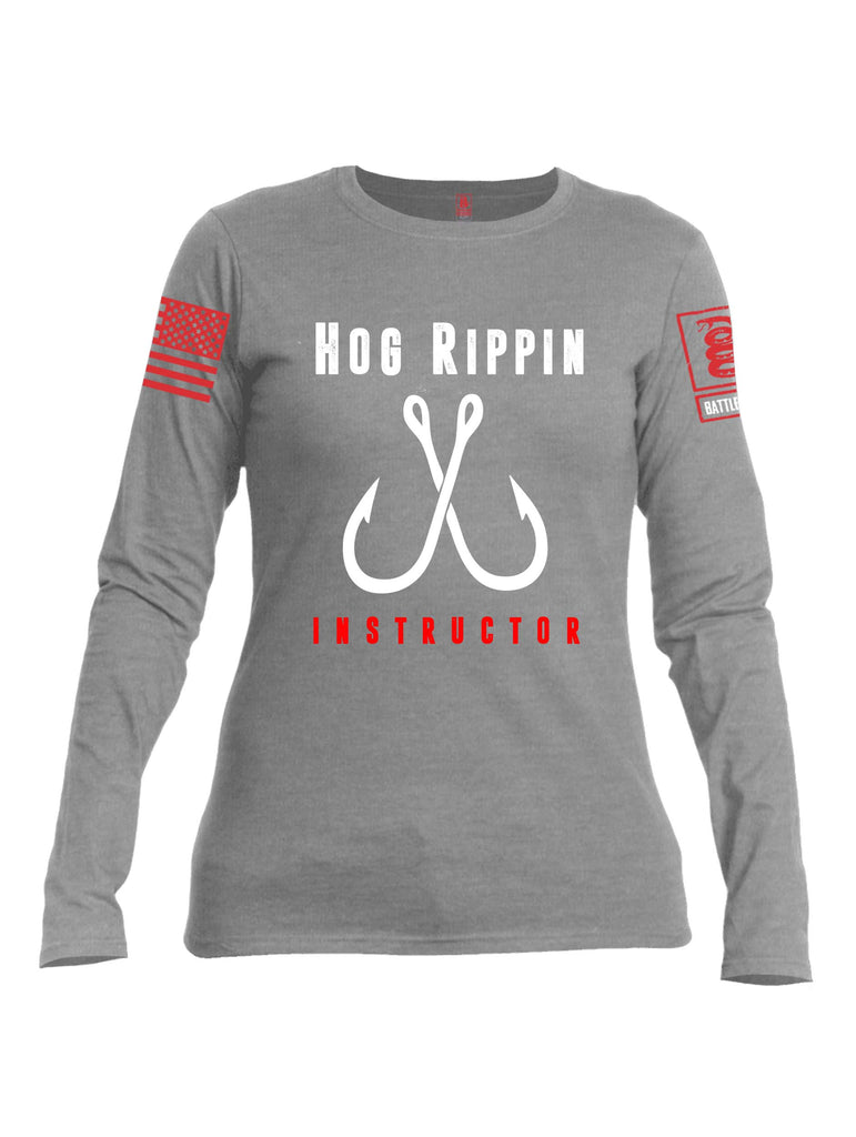 Battleraddle Hog Rippin Instructor Red Sleeve Print Womens Cotton Long Sleeve Crew Neck T Shirt