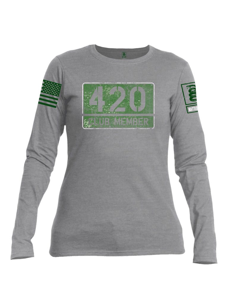Battleraddle 420 Club Member Green Sleeve Print Womens Cotton Long Sleeve Crew Neck T Shirt