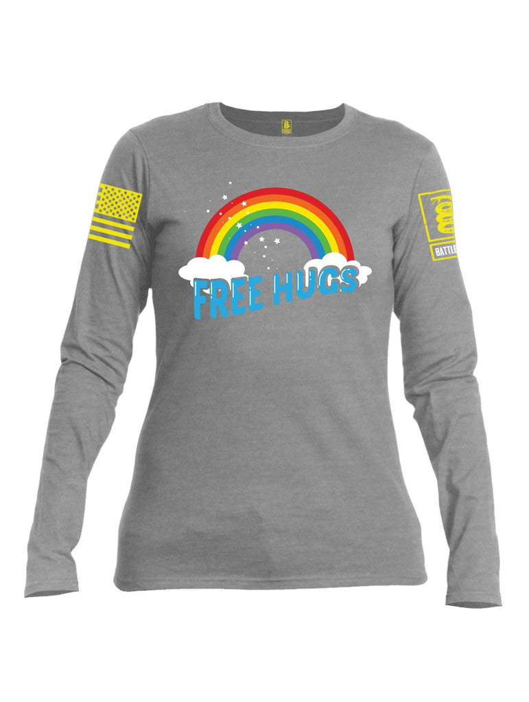 Battleraddle Rainbow Free Hugs Yellow Sleeve Print Womens Cotton Long Sleeve Crew Neck T Shirt shirt|custom|veterans|Women-Long Sleeves Crewneck Shirt
