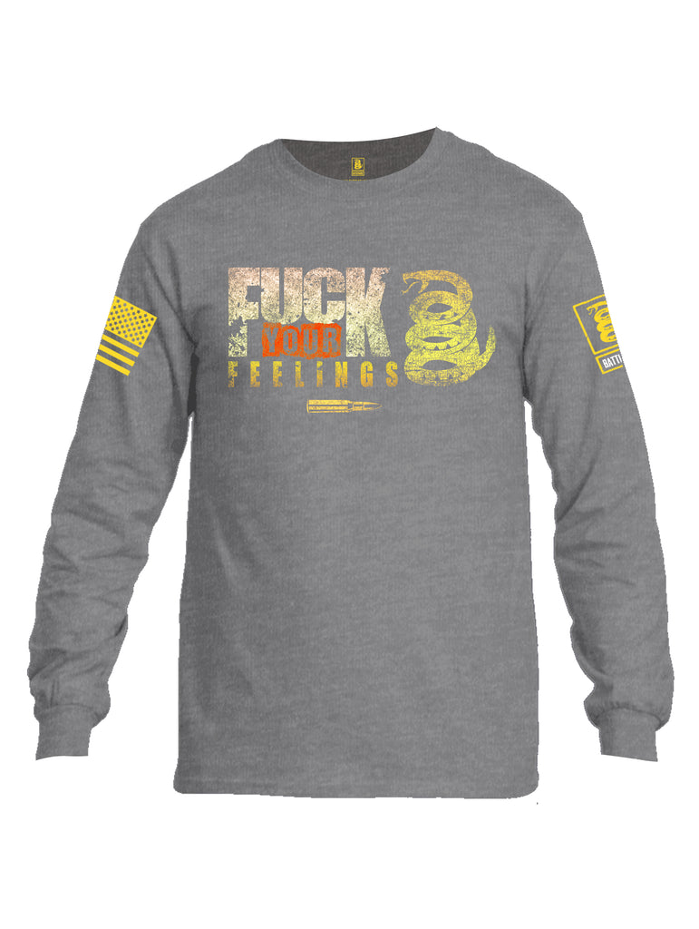 Battleraddle Fuck Your Feelings Yellow Sleeve Print Mens Cotton Long Sleeve Crew Neck T Shirt