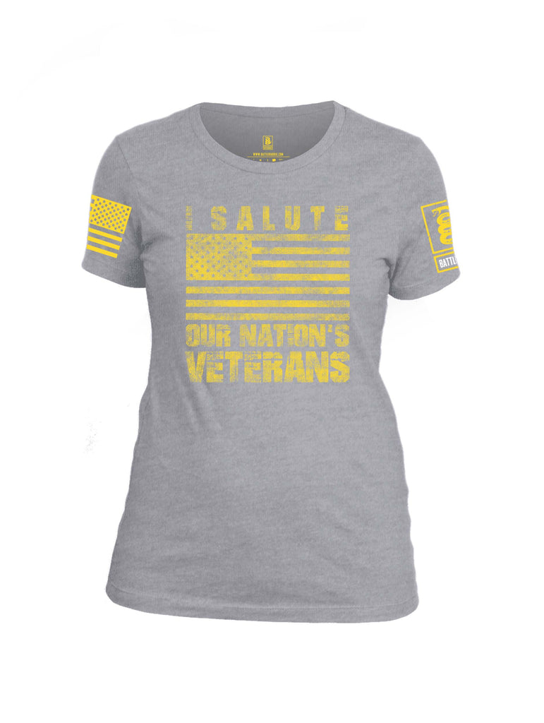 Battleraddle I Salute Our Nation's Veterans Yellow Sleeve Print Womens Cotton Crew Neck T Shirt