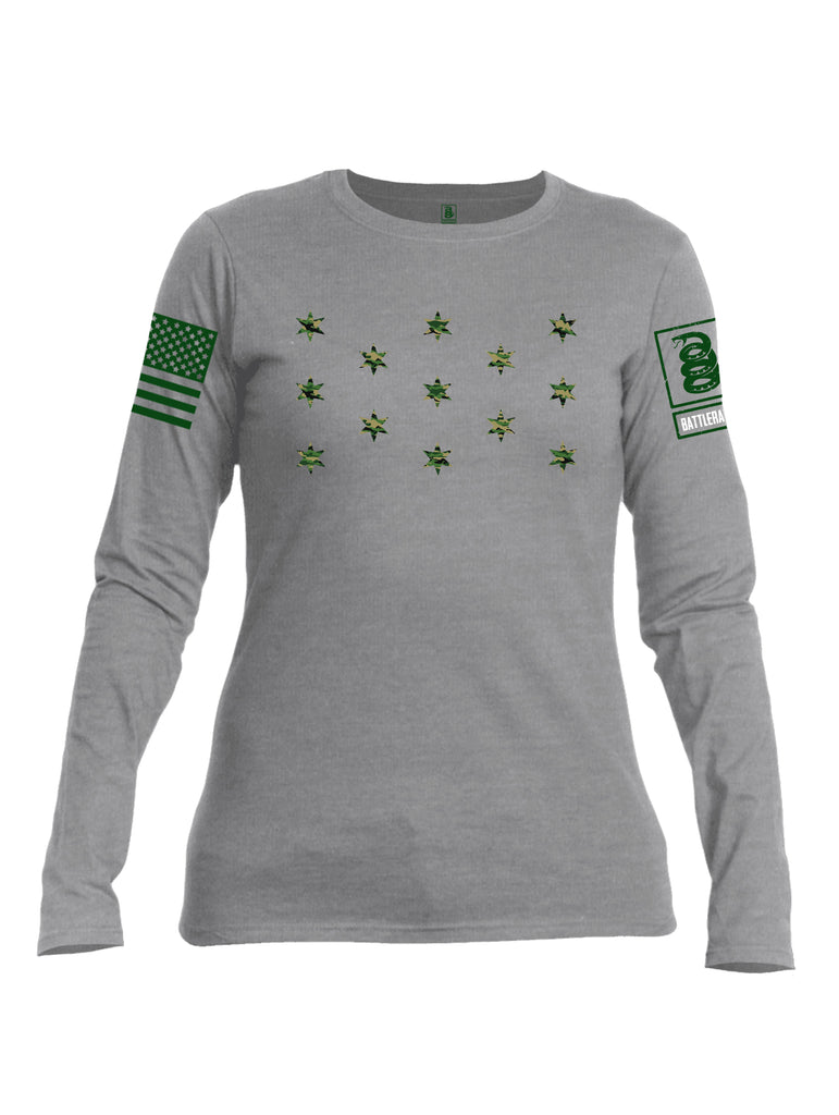 Battleraddle The OG Star Flag Green Sleeve Print Womens Cotton Long Sleeve Crew Neck T Shirt