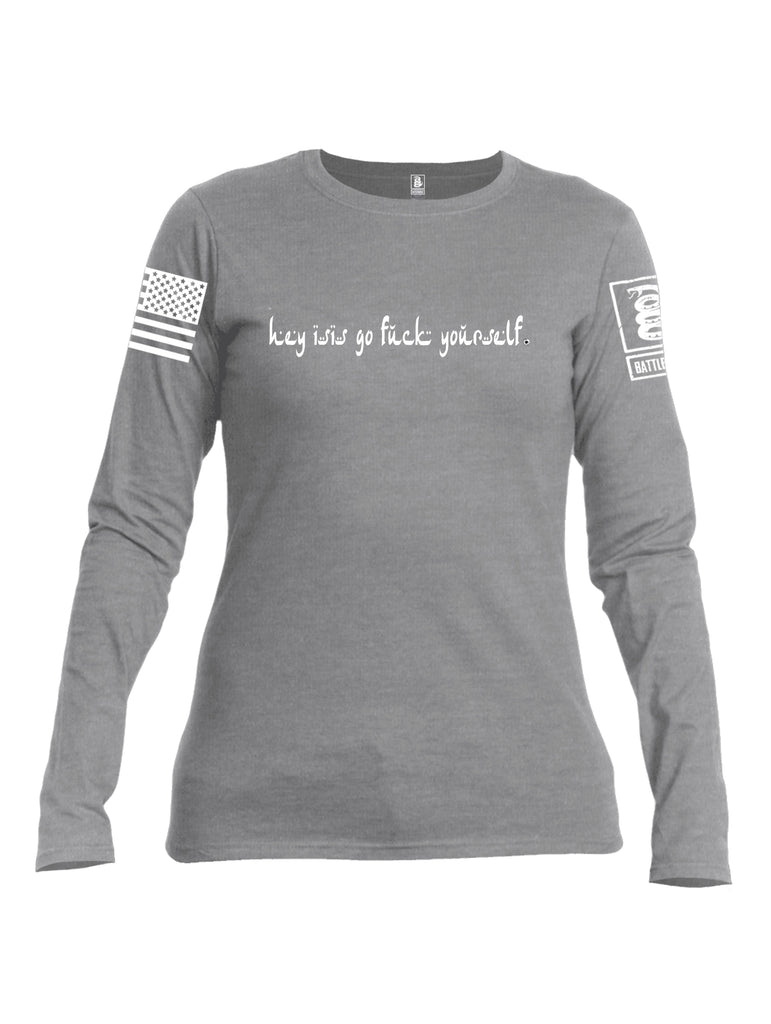 Battleraddle Hey Isis White Sleeve Print Womens Cotton Long Sleeve Crew Neck T Shirt