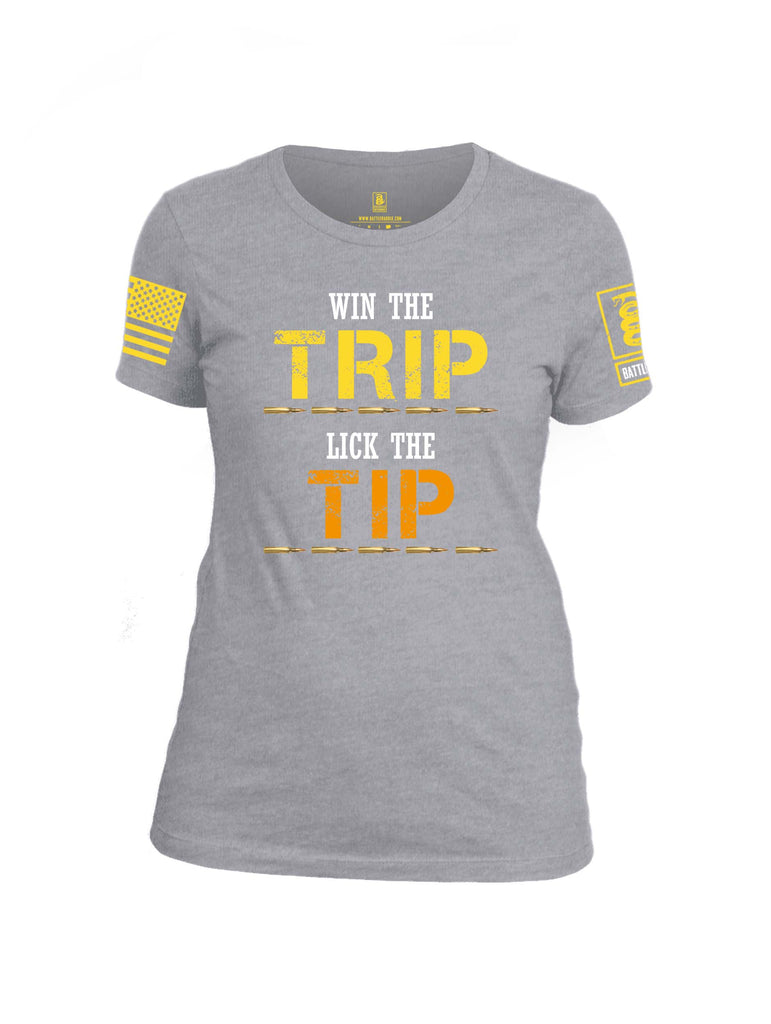 Battleraddle Win The Trip Lick The Tip Yellow Sleeve Print Womens Cotton Crew Neck T Shirt