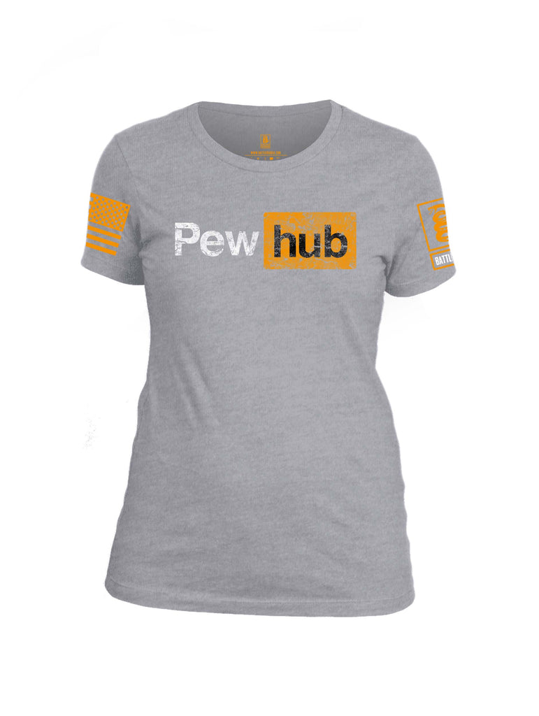 Battleraddle Pew Hub Orange Sleeve Print Womens Cotton Crew Neck T Shirt