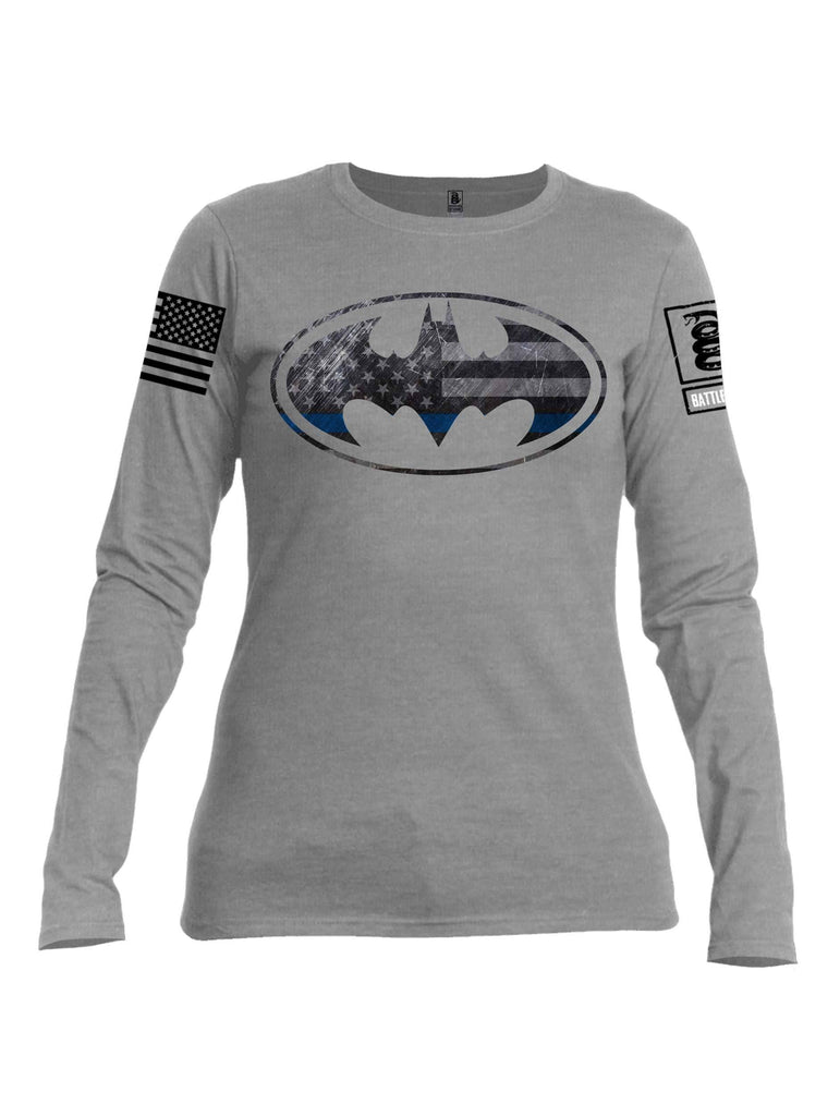 Battleraddle Bat Police Hero Blue Line USA Flag Black Sleeve Print Womens Cotton Long Sleeve Crew Neck T Shirt shirt|custom|veterans|Women-Long Sleeves Crewneck Shirt