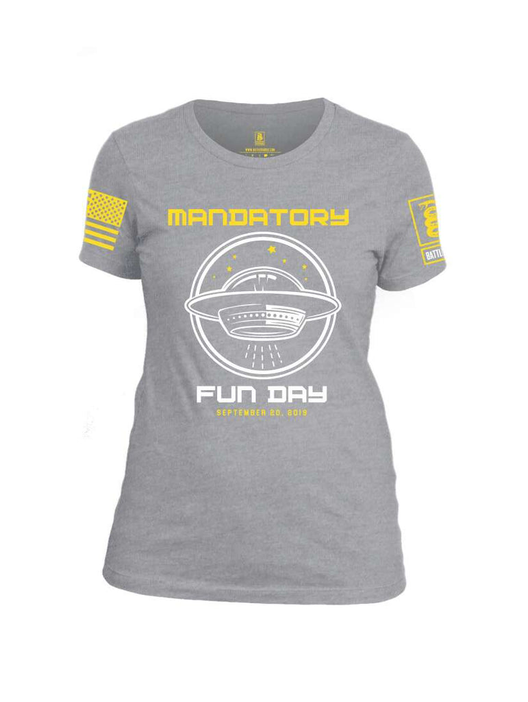 Battleraddle Mandatory Fun Day Yellow Sleeve Print Print Womens Cotton Crew Neck T Shirt