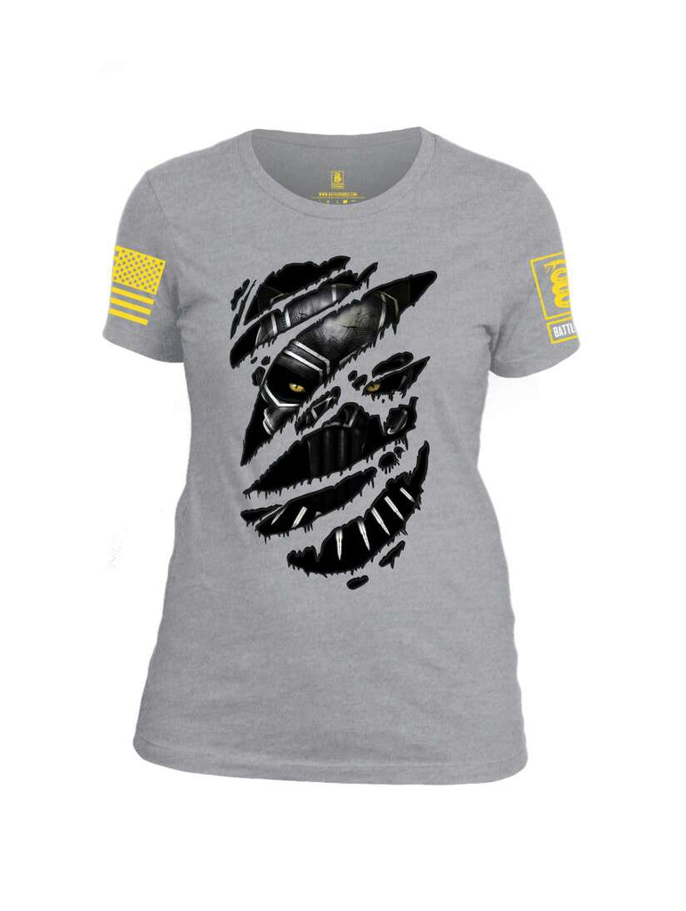 Battleraddle Panting Bullet Expounder Skull Ripped Yellow Sleeve Print Womens Cotton Crew Neck T Shirt