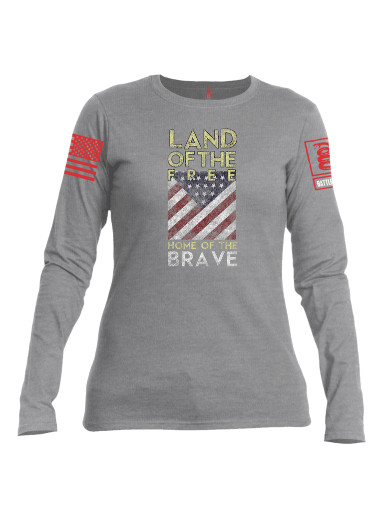 Battleraddle Land Of The Free Home Of The Brave Red Sleeve Print Womens Cotton Long Sleeve Crew Neck T Shirt