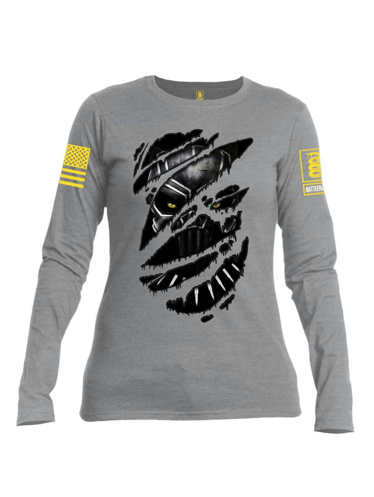 Battleraddle Panting Bullet Expounder Skull Ripped Yellow Sleeve Print Womens Cotton Long Sleeve Crew Neck T Shirt