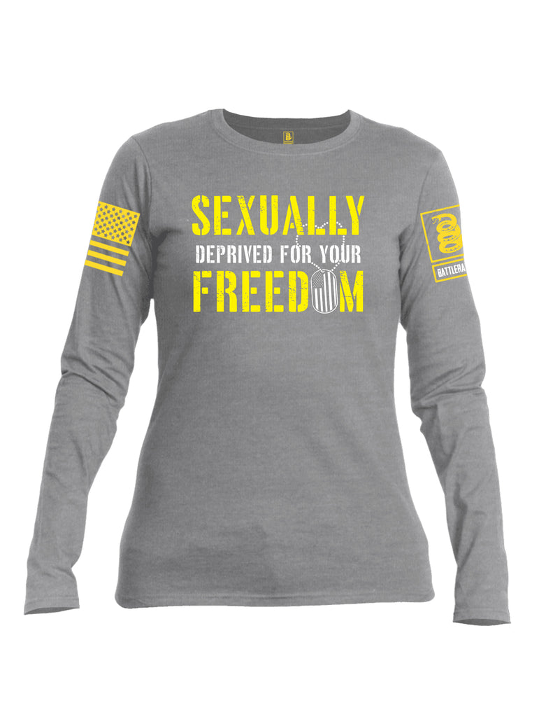 Battleraddle Sexually Deprived For Your Freedom Yellow Sleeve Print Womens Cotton Long Sleeve Crew Neck T Shirt
