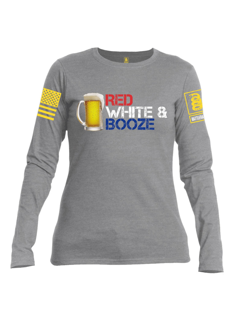 Battleraddle Red White & Booze Yellow Sleeve Print Womens Cotton Long Sleeve Crew Neck T Shirt shirt|custom|veterans|Women-Long Sleeves Crewneck Shirt