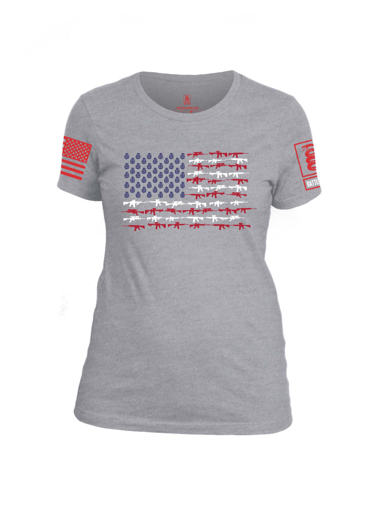 Battleraddle Rifle Gun Flag Red Sleeve Print Womens Cotton Crew Neck T Shirt