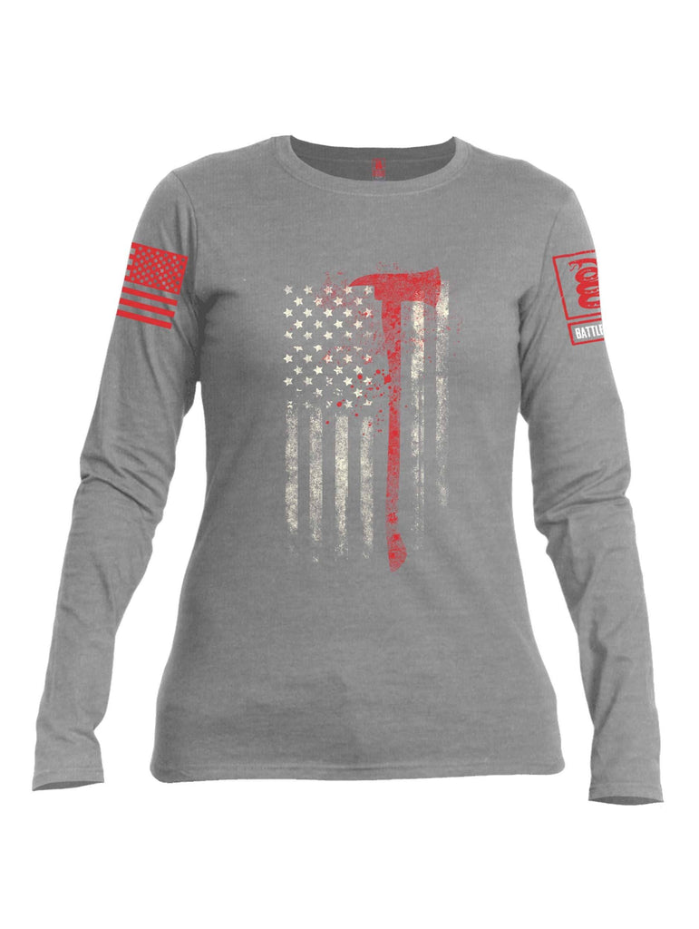 Battleraddle Firefighter Axe USA Flag Red Sleeve Print Womens Cotton Long Sleeve Crew Neck T Shirt shirt|custom|veterans|Women-Long Sleeves Crewneck Shirt