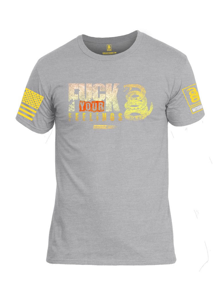 Battleraddle Fuck Your Feelings Yellow Sleeve Print Mens Cotton Crew Neck T Shirt