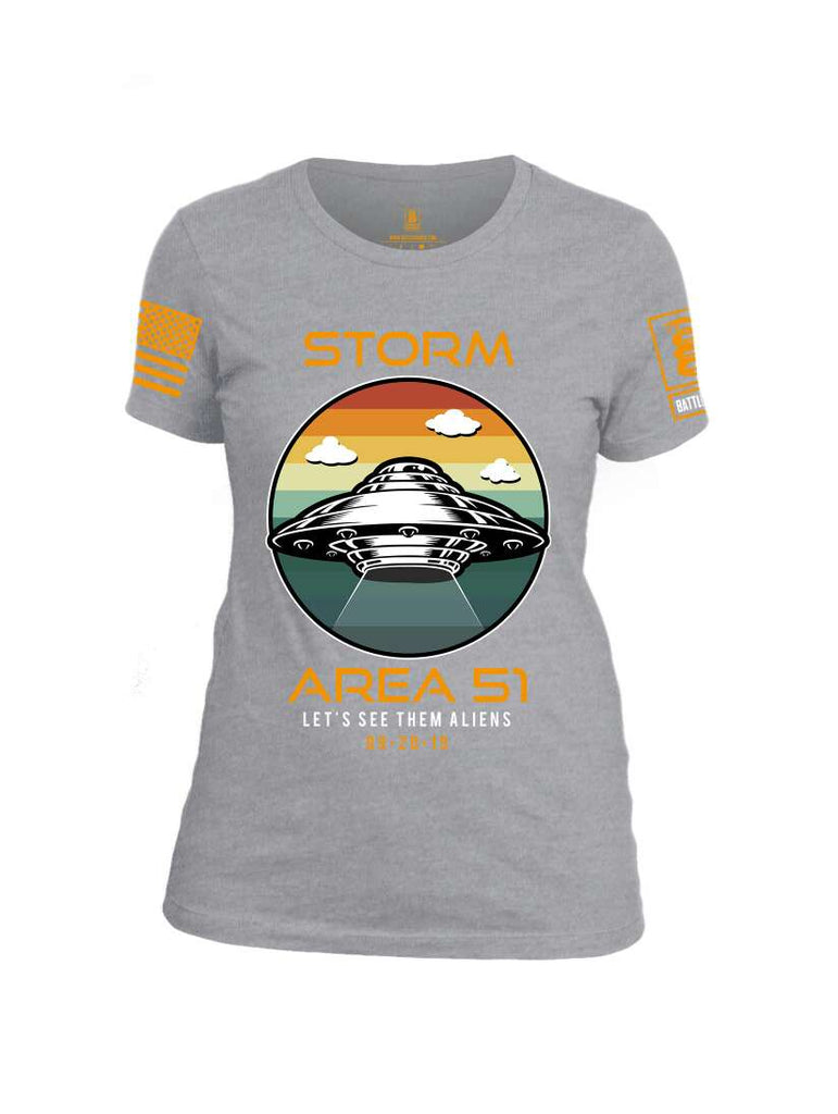 Battleraddle Storm Area 51 Let's See Them Aliens Orange Sleeve Print Womens Cotton Crew Neck T Shirt