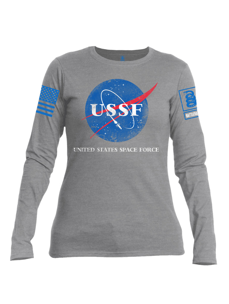 Battleraddle United States Space Force Blue Sleeve Print Womens Cotton Long Sleeve Crew Neck T Shirt