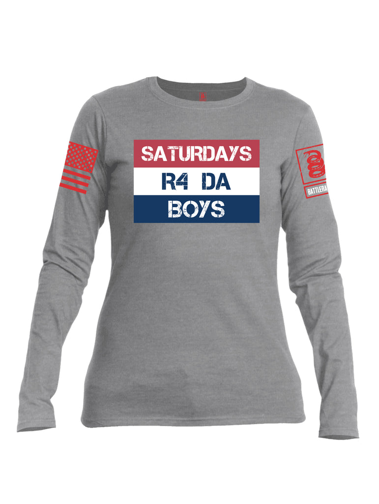 Battleraddle Saturdays R4 Da Boys Red Sleeve Print Womens Cotton Long Sleeve Crew Neck T Shirt