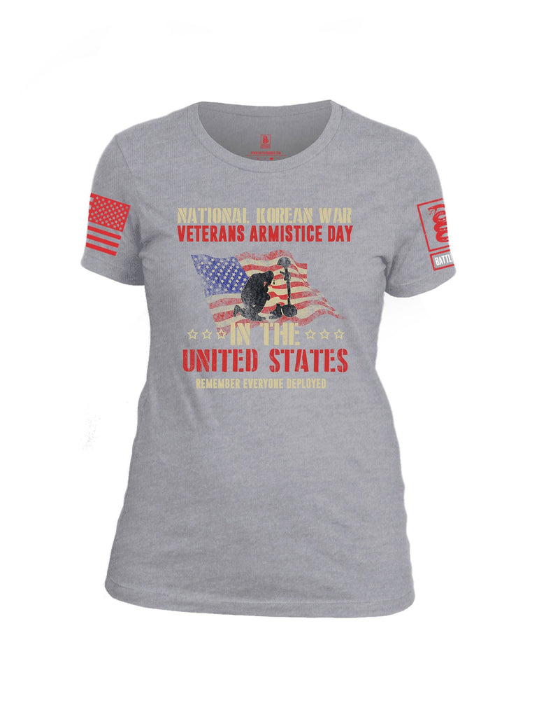 Battleraddle National Korean War Veterans Armistice Day In The United States Remember Everyone Deployed Red Sleeve Print Womens Cotton Crew Neck T Shirt shirt|custom|veterans|Apparel-Womens T Shirt-cotton