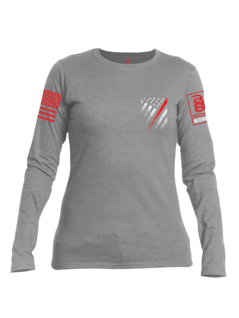 Battleraddle USA Red Thin Line Series Flag Red Sleeve Print Womens Cotton Long Sleeve Crew Neck T Shirt shirt|custom|veterans|Women-Long Sleeves Crewneck Shirt