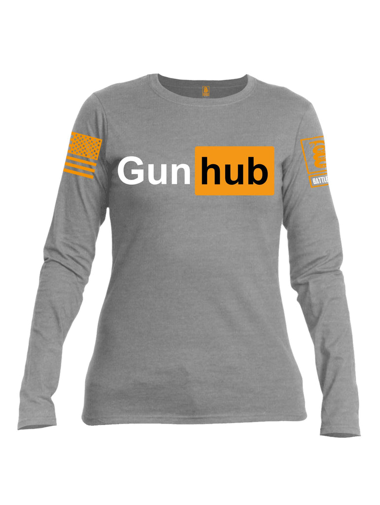 Battleraddle Gun Hub Orange Sleeve Print Womens Cotton Long Sleeve Crew Neck T Shirt