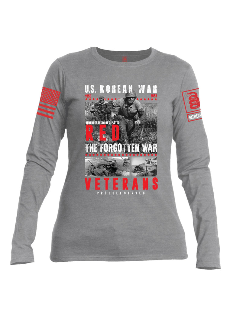 Battleraddle US Korean War RED Remember Everyone Deployed The Forgotten War Veterans Proudly Served Red Sleeve Print Womens Cotton Long Sleeve Crew Neck T Shirt shirt|custom|veterans|Women-Long Sleeves Crewneck Shirt