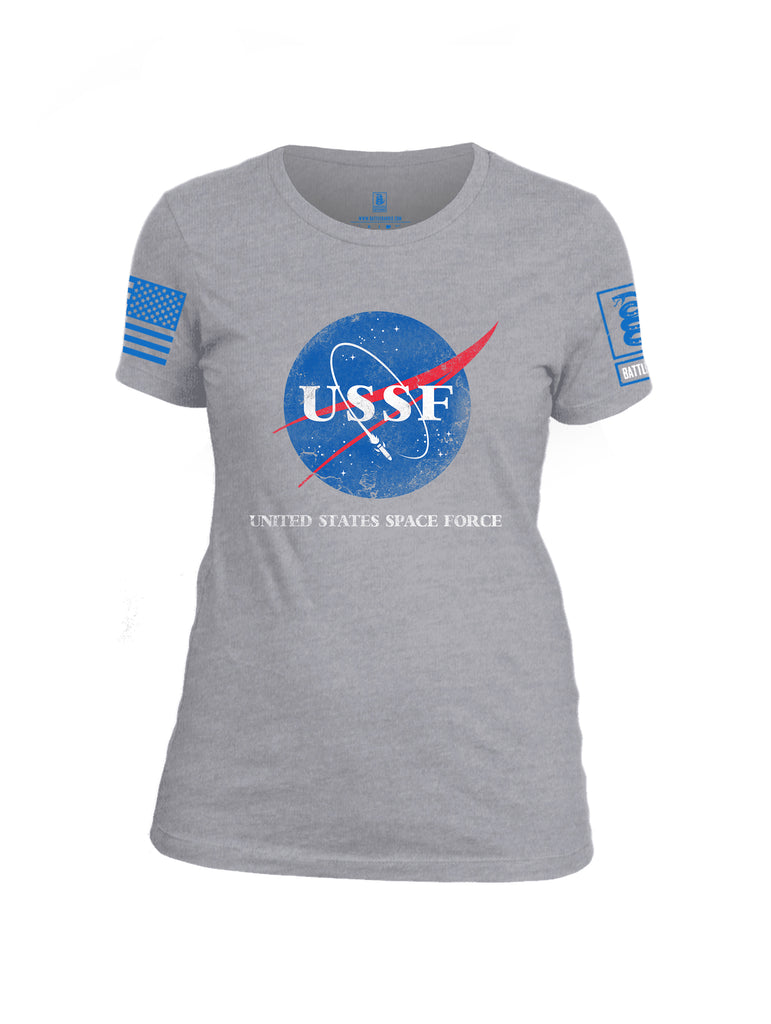Battleraddle United States Space Force Blue Sleeve Print Womens Cotton Crew Neck T Shirt
