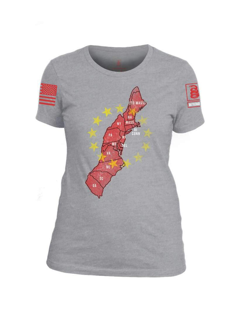 Battleraddle Thirteen Colonies Map Red Sleeve Print Womens Cotton Crew Neck T Shirt shirt|custom|veterans|Apparel-Womens T Shirt-cotton