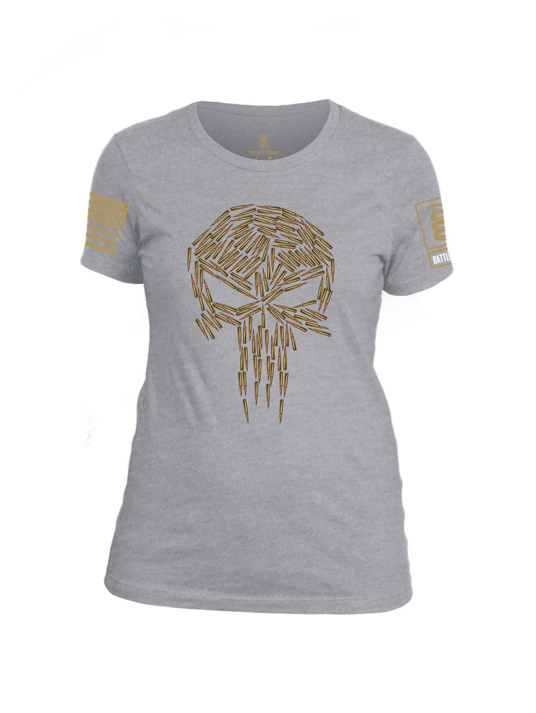 Battleraddle Mr. Expounder Brass Skull Bullets Brass Sleeve Print Womens Cotton Crew Neck T Shirt shirt|custom|veterans|Apparel-Womens T Shirt-cotton