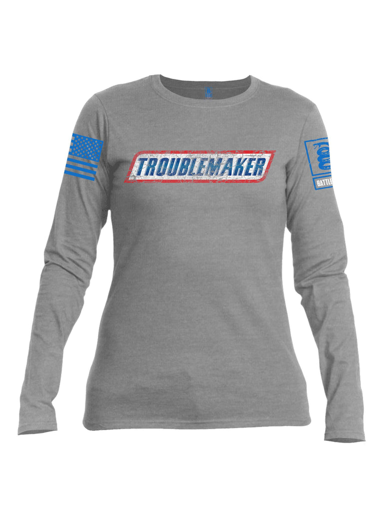 Battleraddle Troublemaker Blue Sleeve Print Womens Cotton Long Sleeve Crew Neck T Shirt