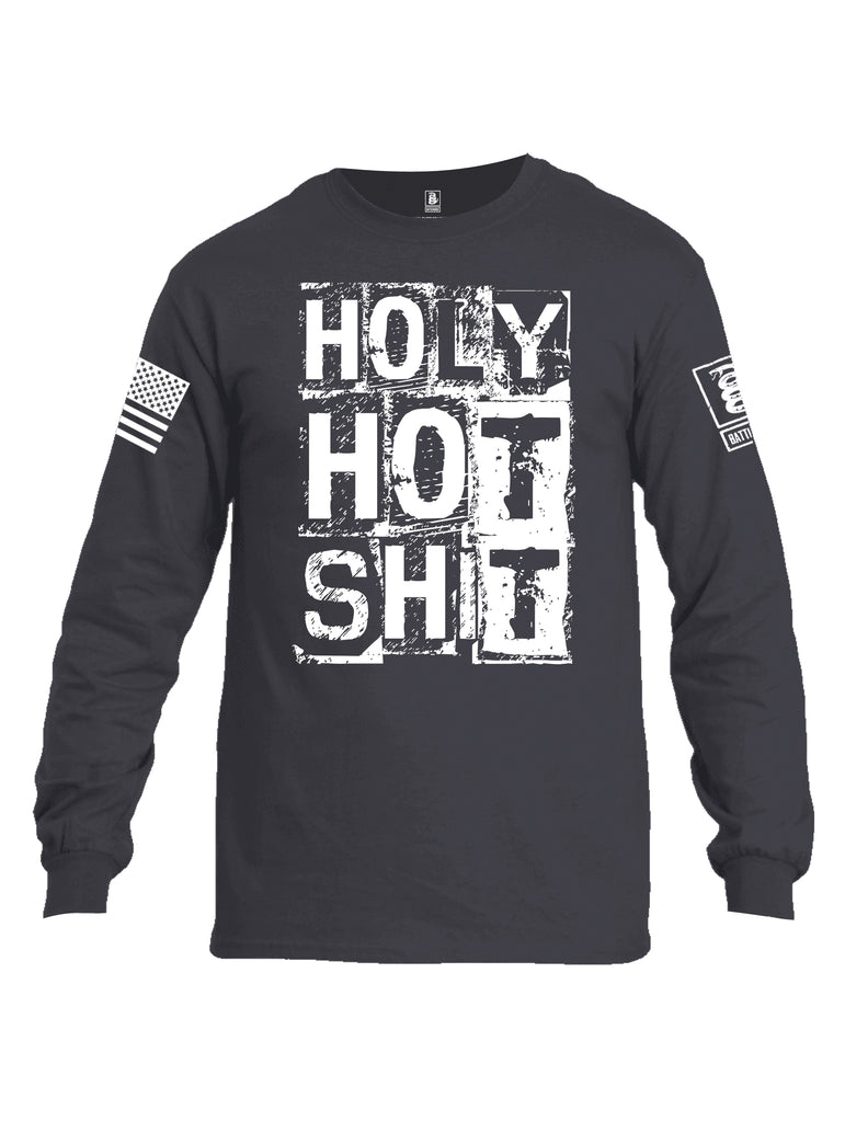 Battleraddle Holy Hot Shit White Sleeve Print Mens Cotton Long Sleeve Crew Neck T Shirt