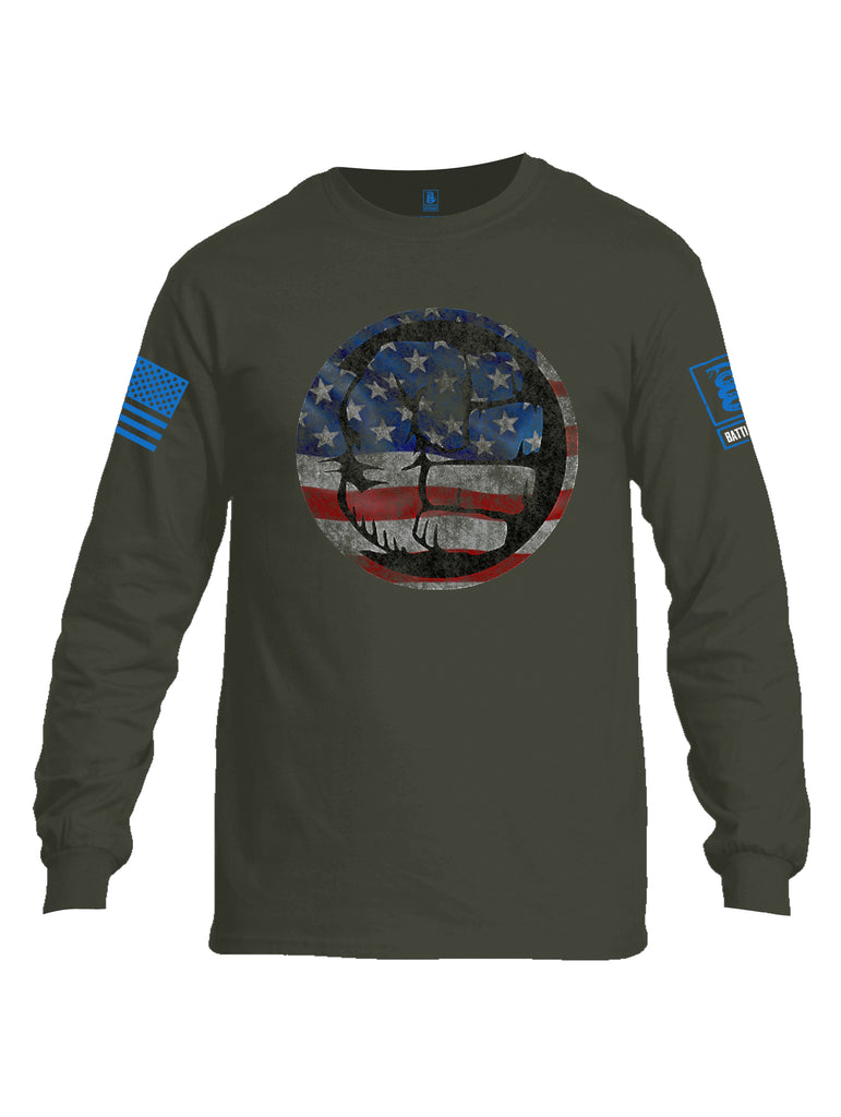 Battleraddle Super Smash Fist Flag Blue Sleeve Print Mens Cotton Long Sleeve Crew Neck T Shirt