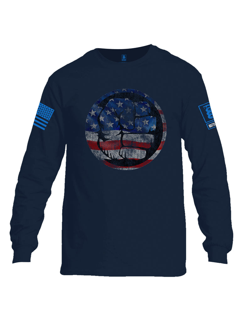 Battleraddle Super Smash Fist Flag Blue Sleeve Print Mens Cotton Long Sleeve Crew Neck T Shirt