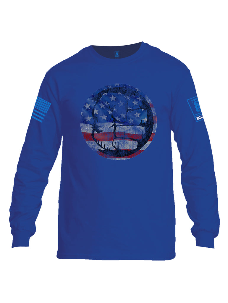 Battleraddle Super Smash Fist Flag Blue Sleeve Print Mens Cotton Long Sleeve Crew Neck T Shirt