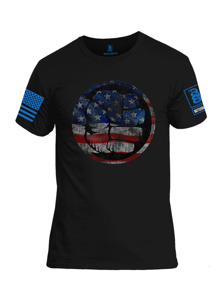 Battleraddle Super Smash Fist Flag Blue Sleeve Print Mens 100% Battlefit Polyester Crew Neck T Shirt