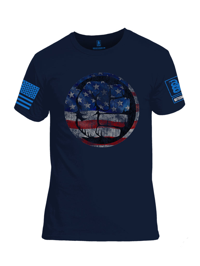 Battleraddle Super Smash Fist Flag Blue Sleeve Print Mens 100% Battlefit Polyester Crew Neck T Shirt