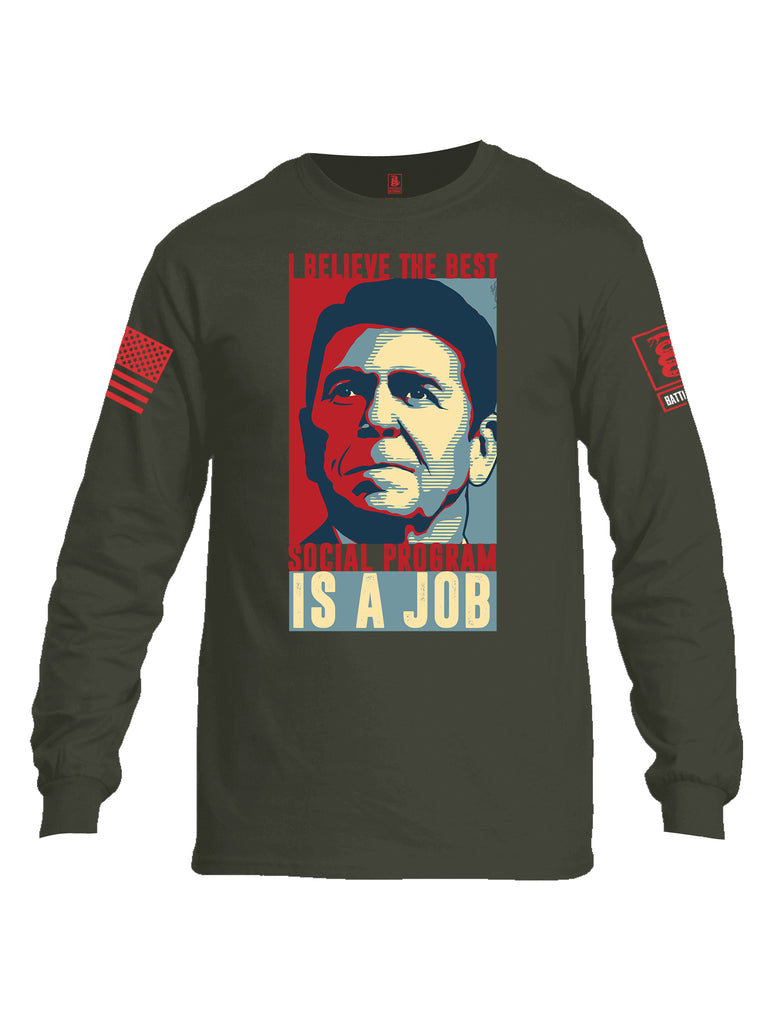 Battleraddle I Believe The Best Social Program Is A Job Red Sleeve Print Mens Cotton Long Sleeve Crew Neck T Shirt