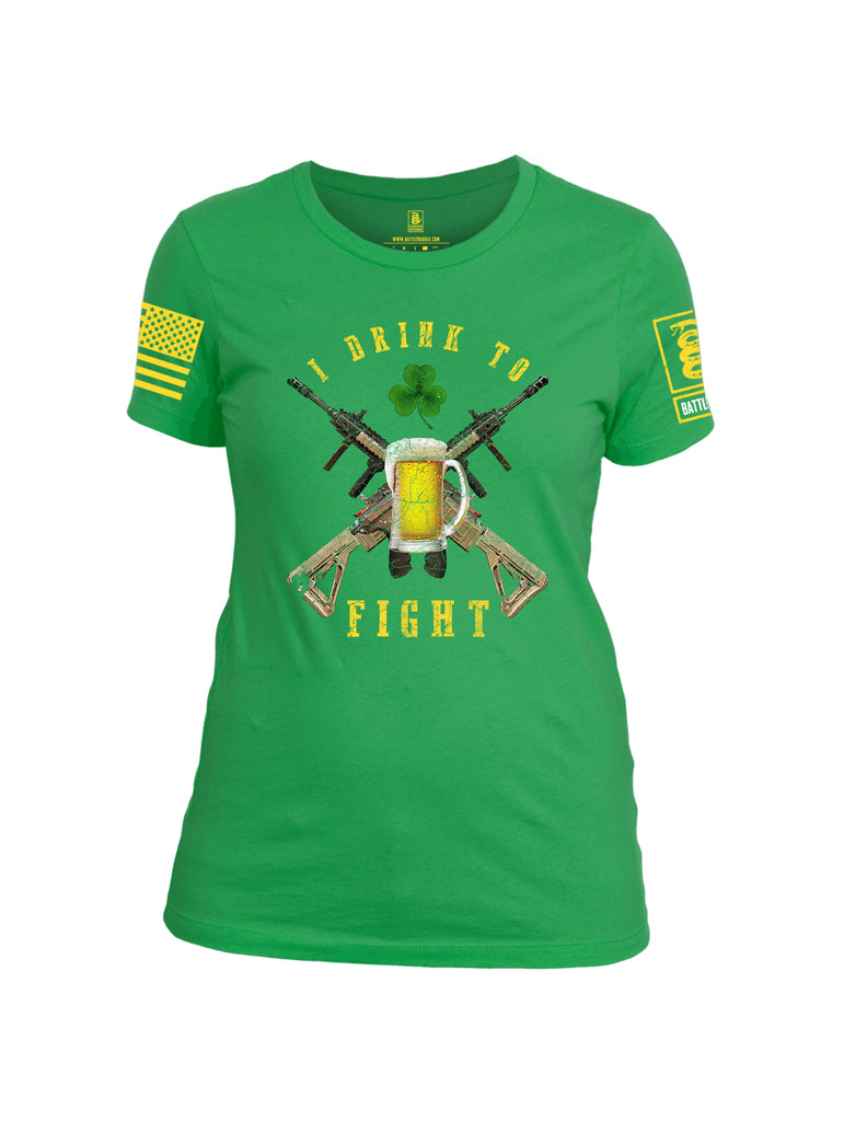 Battleraddle I Drink To Fight Yellow Sleeve Print Womens Cotton Crew Neck T Shirt